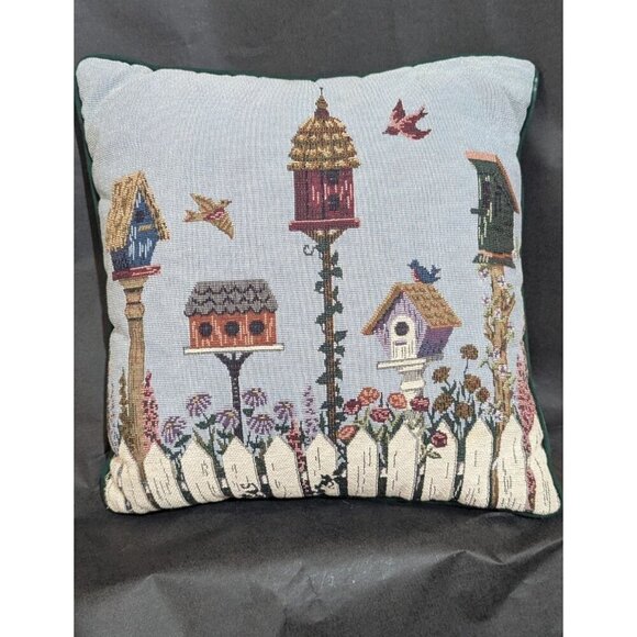 Riverdale Decorative Tapestry Pillow With Birdhouse Design 15" blue green - Picture 7 of 8
